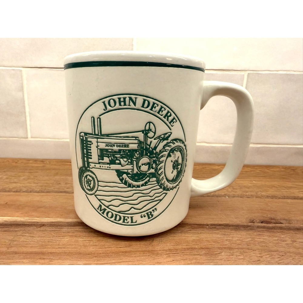 John Deere Model B Tractor Coffee Mug Vintage History‎ White Green Ceramic